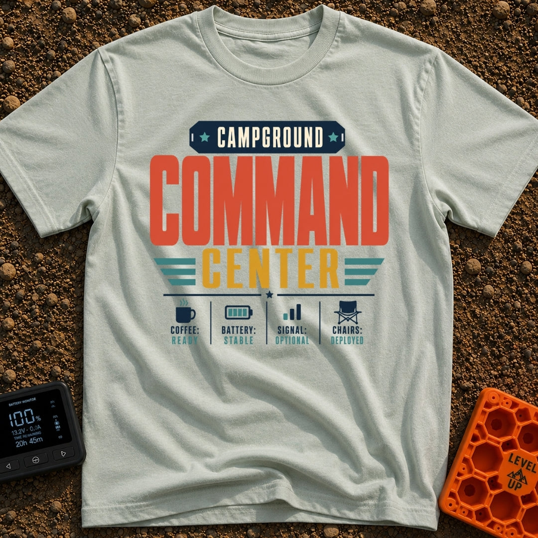 Camp Mission Control - T-Shirt in Bay - A typographic design reading "CAMPGROUND COMMAND CENTER" above a dashboard layout...