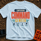Camp Mission Control - T-Shirt in Chambray - A typographic design reading "CAMPGROUND COMMAND CENTER" above a dashboard...