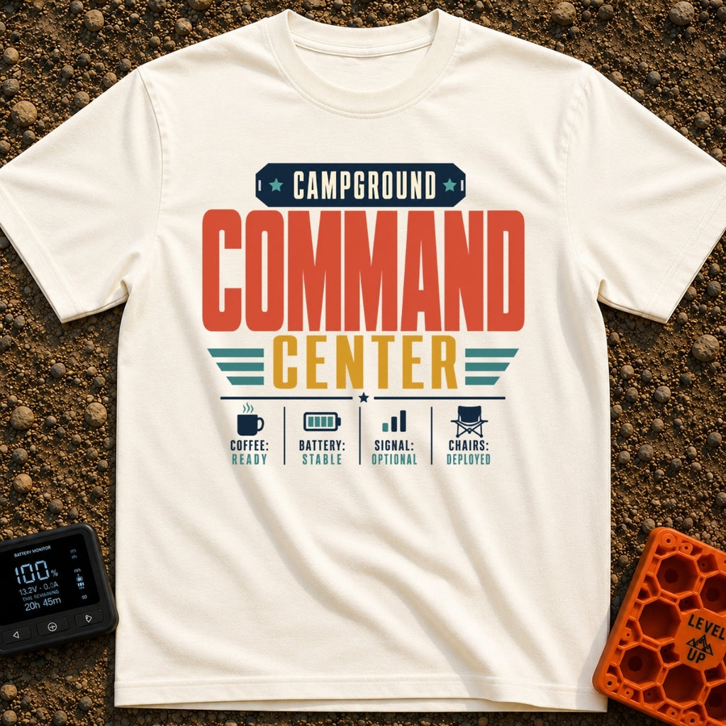 Camp Mission Control - T-Shirt in Ivory - A typographic design reading "CAMPGROUND COMMAND CENTER" above a dashboard...