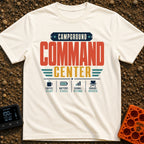 Camp Mission Control - T-Shirt in Ivory - A typographic design reading "CAMPGROUND COMMAND CENTER" above a dashboard...