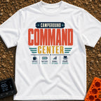 Camp Mission Control - T-Shirt in White - A typographic design reading "CAMPGROUND COMMAND CENTER" above a dashboard...