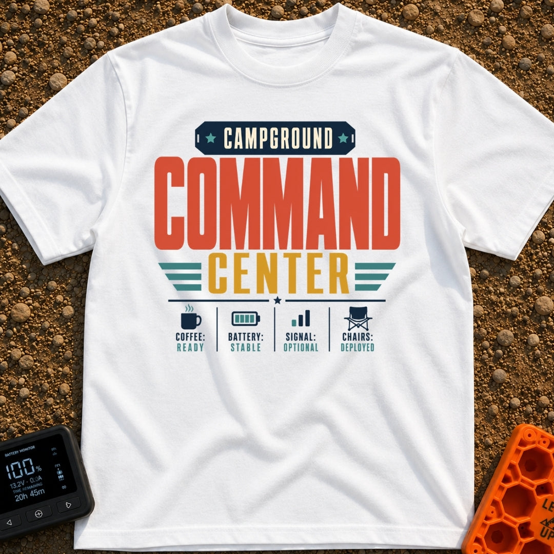Camp Mission Control - T-Shirt in White - A typographic design reading "CAMPGROUND COMMAND CENTER" above a dashboard...