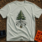 The Giving Outlet - T-Shirt in Bay - An illustration of an evergreen tree whose roots extend downward and transform into...