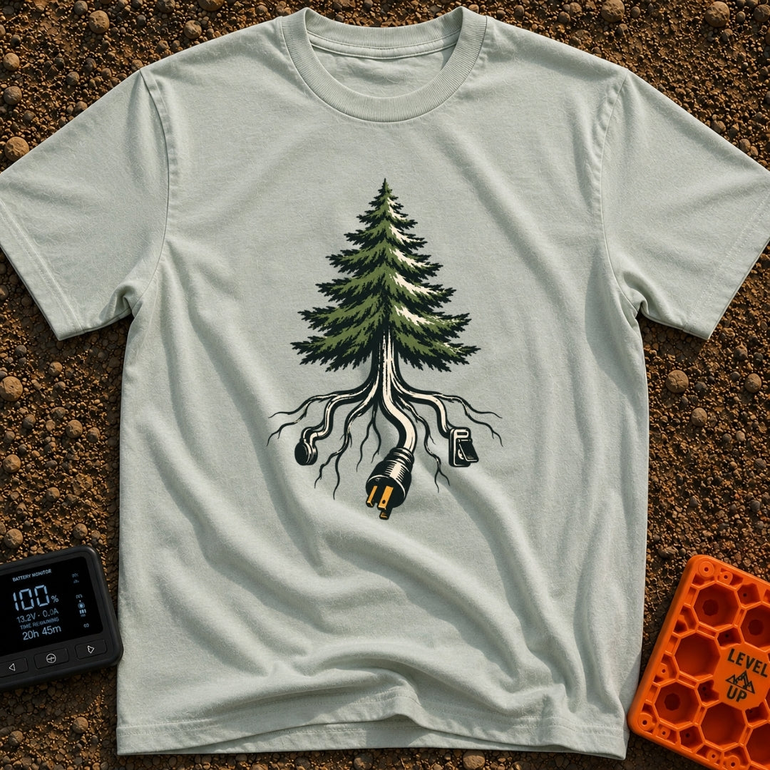 The Giving Outlet - T-Shirt in Bay - An illustration of an evergreen tree whose roots extend downward and transform into...