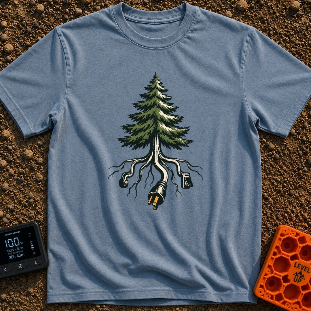 The Giving Outlet - T-Shirt in Blue Jean - An illustration of an evergreen tree whose roots extend downward and transform...