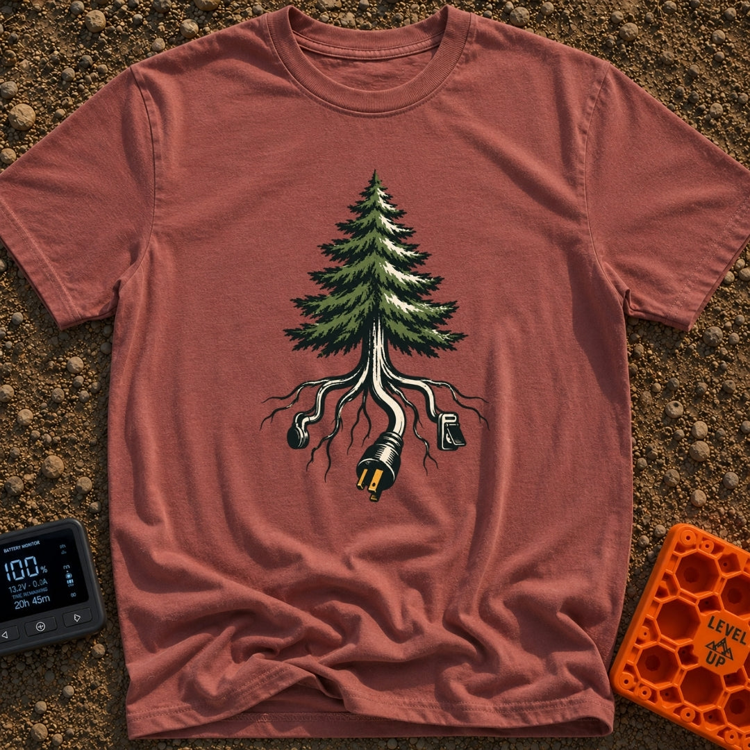 The Giving Outlet - T-Shirt in Brick - An illustration of an evergreen tree whose roots extend downward and transform...