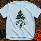 The Giving Outlet - T-Shirt in Chambray - An illustration of an evergreen tree whose roots extend downward and transform...
