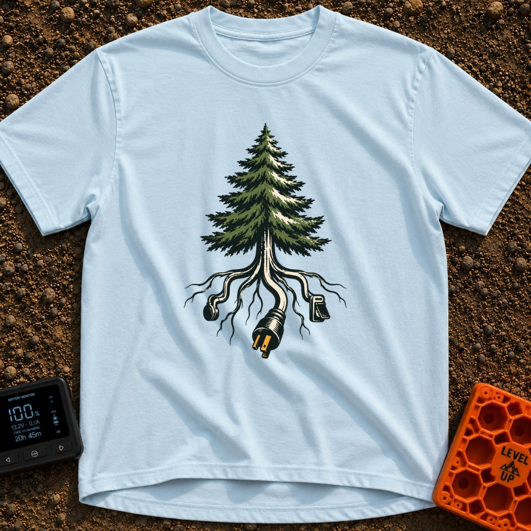 The Giving Outlet - T-Shirt in Chambray - An illustration of an evergreen tree whose roots extend downward and transform...