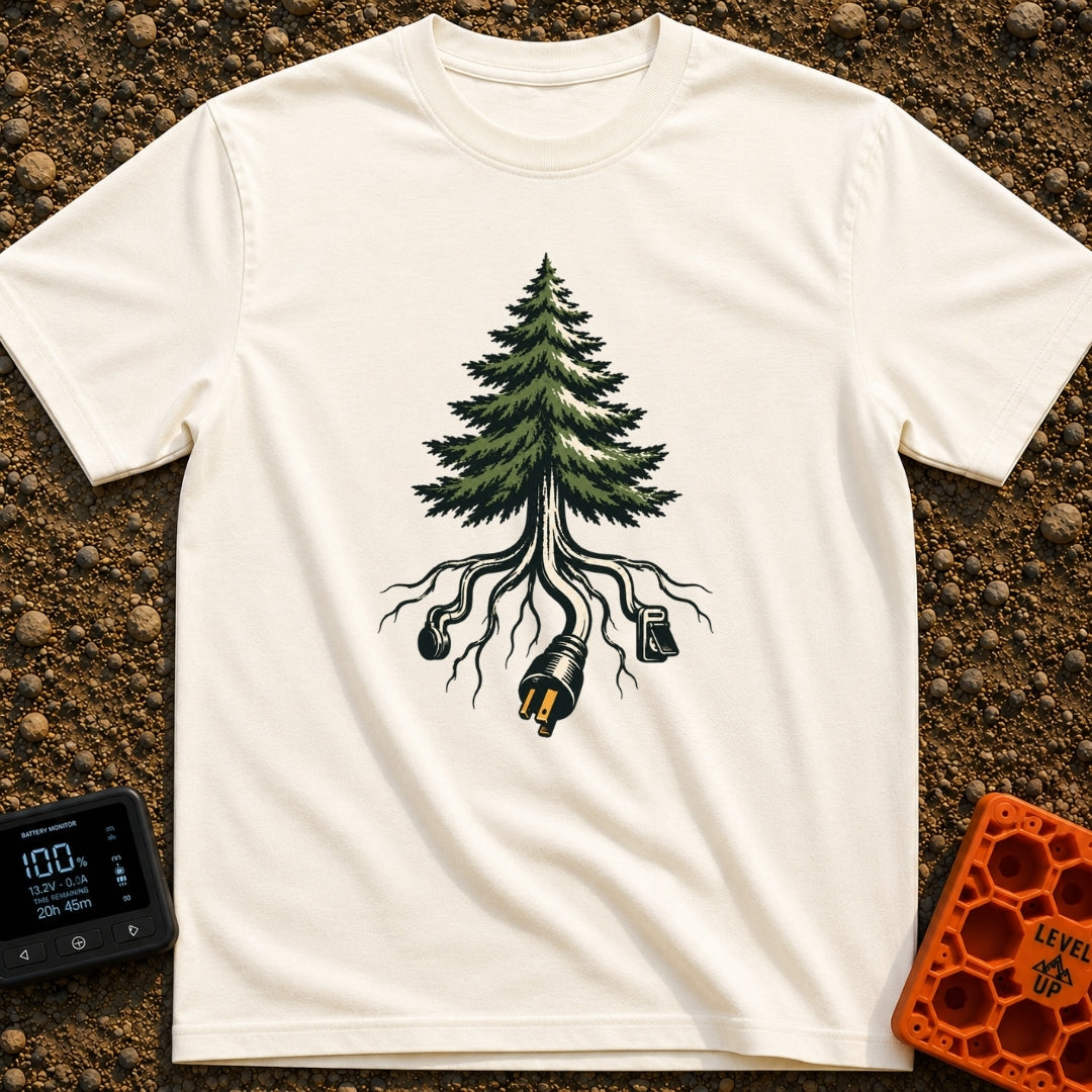 The Giving Outlet - T-Shirt in Ivory - An illustration of an evergreen tree whose roots extend downward and transform...