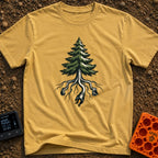 The Giving Outlet - T-Shirt in Mustard - An illustration of an evergreen tree whose roots extend downward and transform...