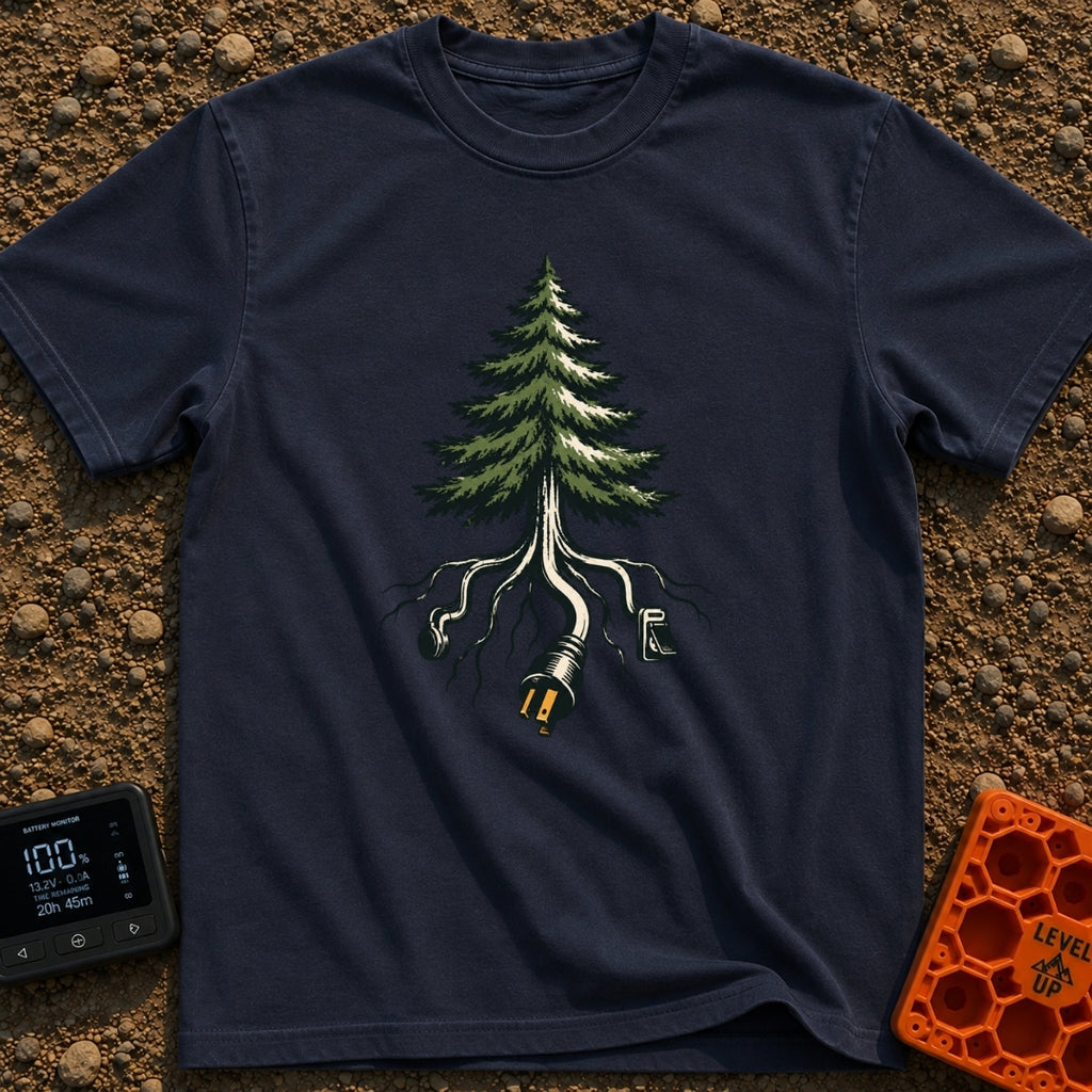 The Giving Outlet - T-Shirt in Navy - An illustration of an evergreen tree whose roots extend downward and transform into...