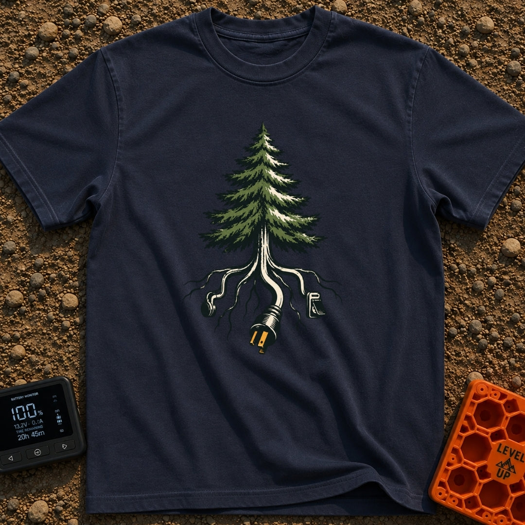 The Giving Outlet - T-Shirt in Navy - An illustration of an evergreen tree whose roots extend downward and transform into...