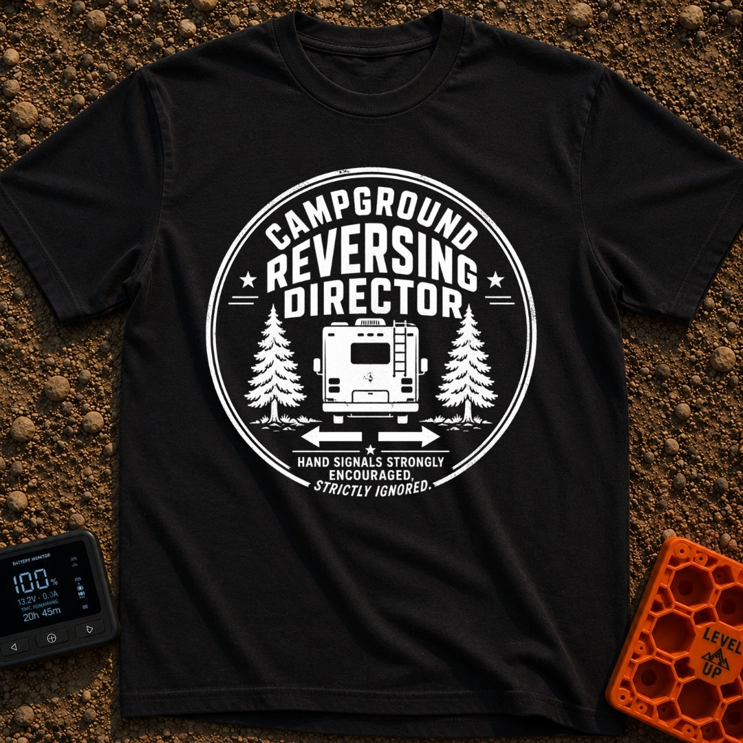 Chief Reversing Officer - T-Shirt in Black - A circular, distressed-style badge design featuring the rear view of an RV...