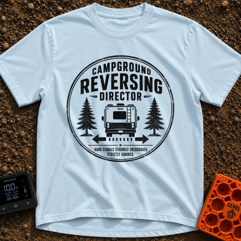 Chief Reversing Officer - T-Shirt in Chambray - A circular, distressed-style badge design featuring the rear view of an...