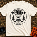 Chief Reversing Officer - T-Shirt in Ivory - A circular, distressed-style badge design featuring the rear view of an RV...