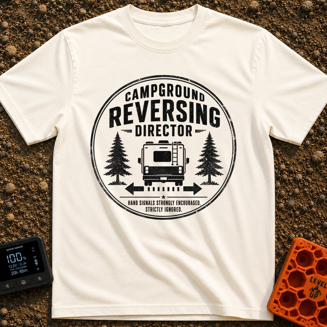 Chief Reversing Officer - T-Shirt in Ivory - A circular, distressed-style badge design featuring the rear view of an RV...