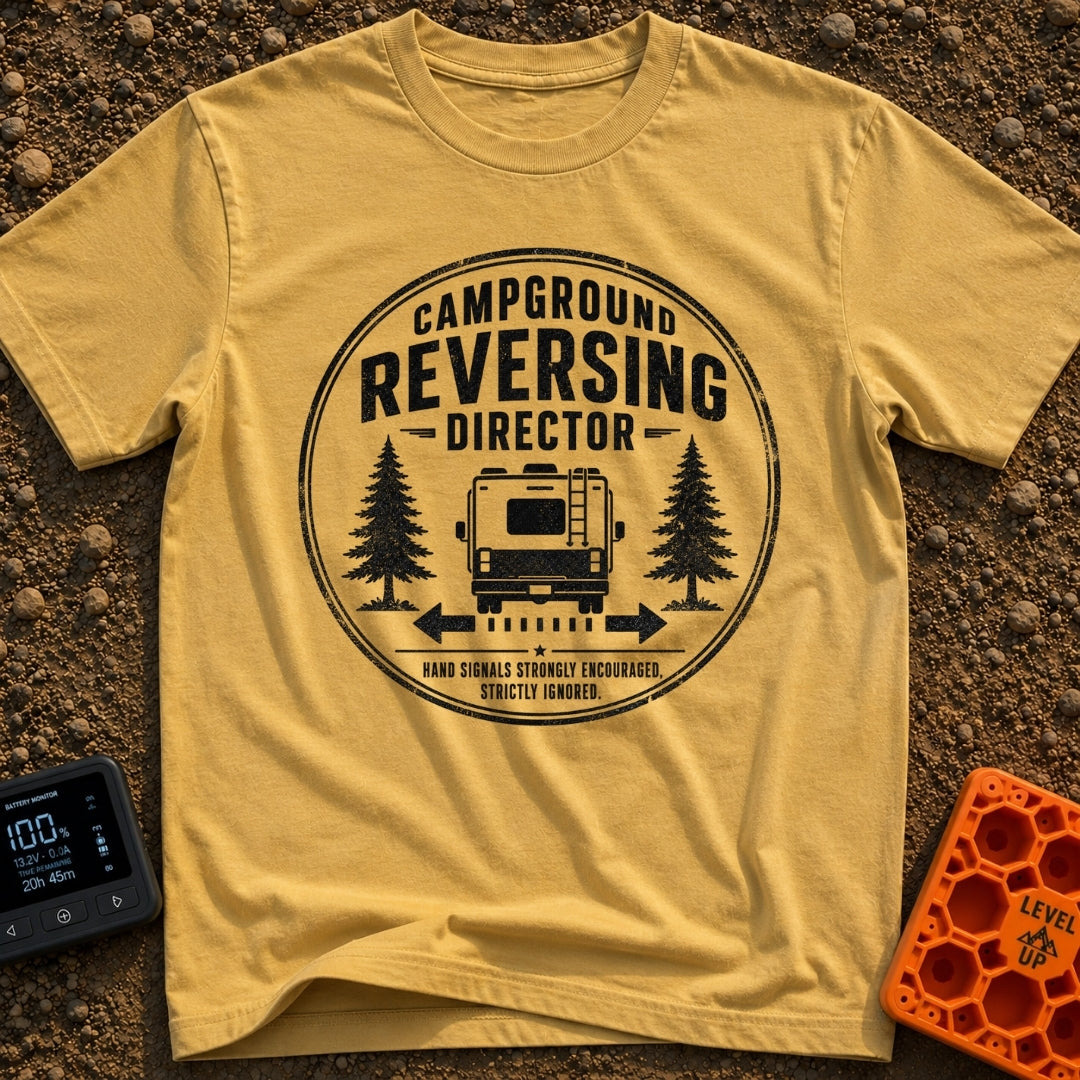 Chief Reversing Officer - T-Shirt in Mustard - A circular, distressed-style badge design featuring the rear view of an RV...
