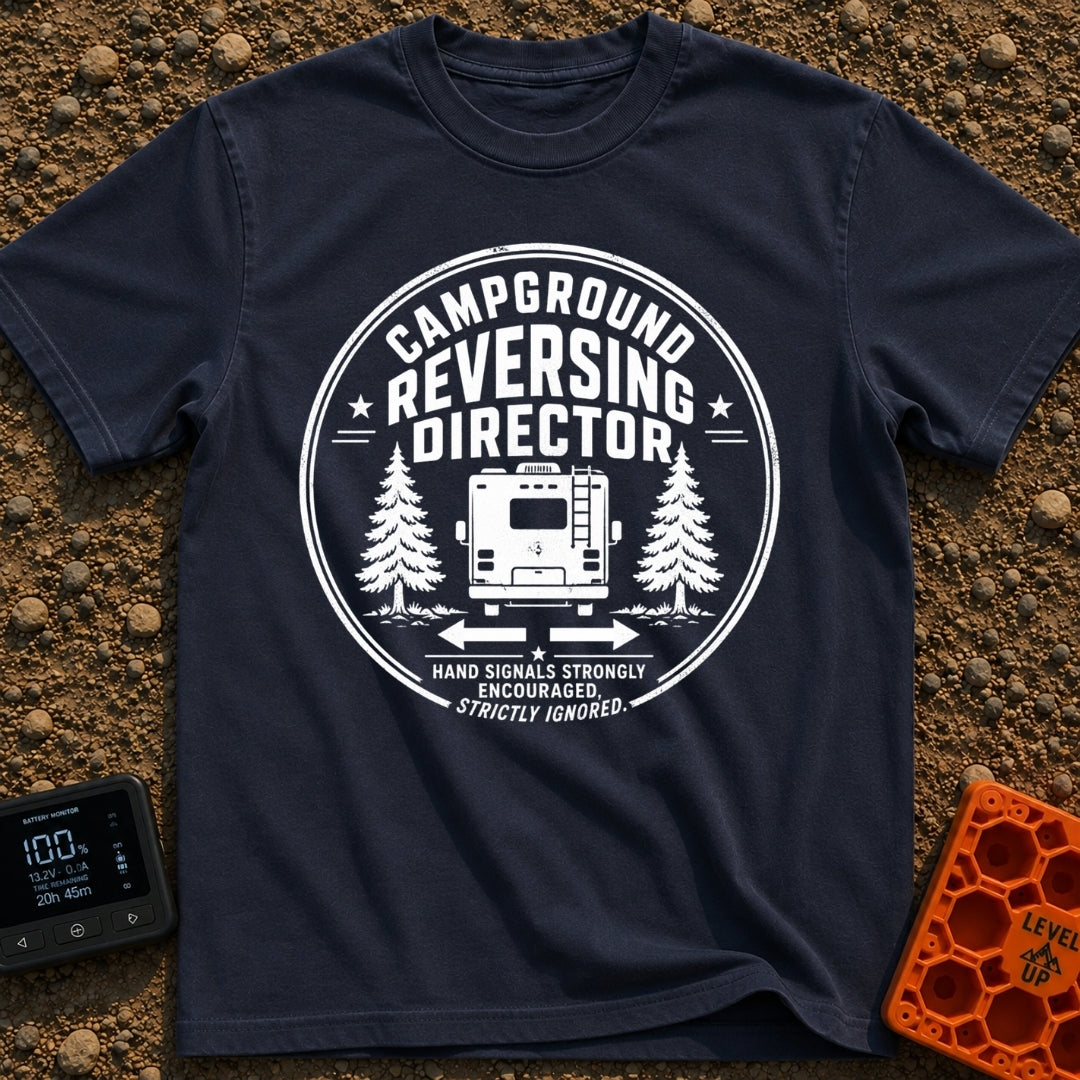 Chief Reversing Officer - T-Shirt in Navy - A circular, distressed-style badge design featuring the rear view of an RV or...