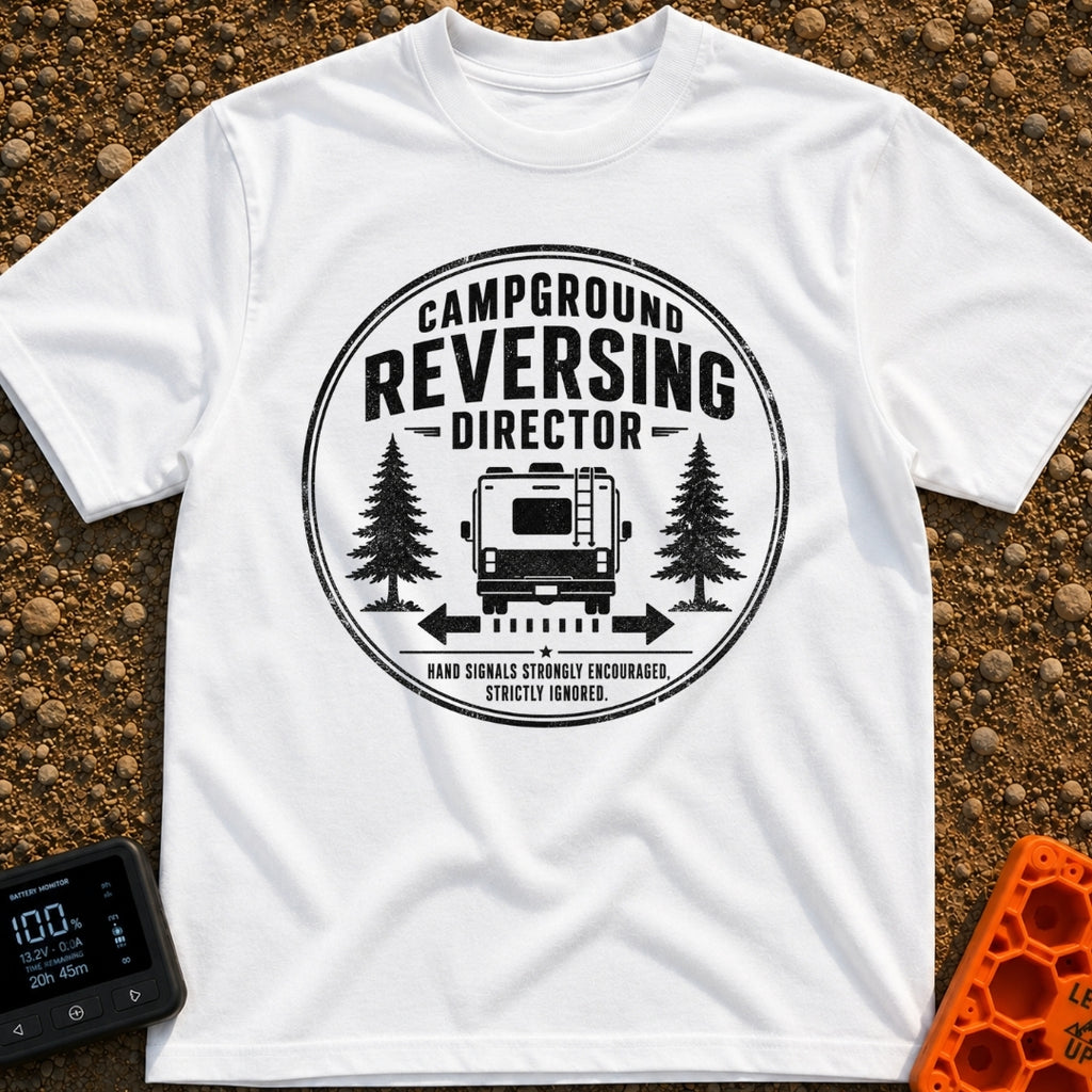Chief Reversing Officer - T-Shirt in White - A circular, distressed-style badge design featuring the rear view of an RV...