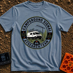 Signal Research Team - T-Shirt in Blue Jean - A circular badge illustration showing a white camper van parked in front of...