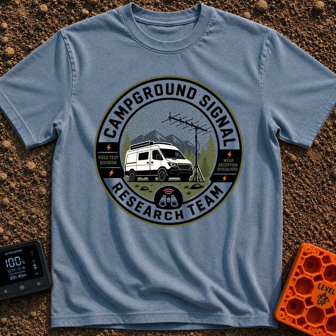 Signal Research Team - T-Shirt in Blue Jean - A circular badge illustration showing a white camper van parked in front of...