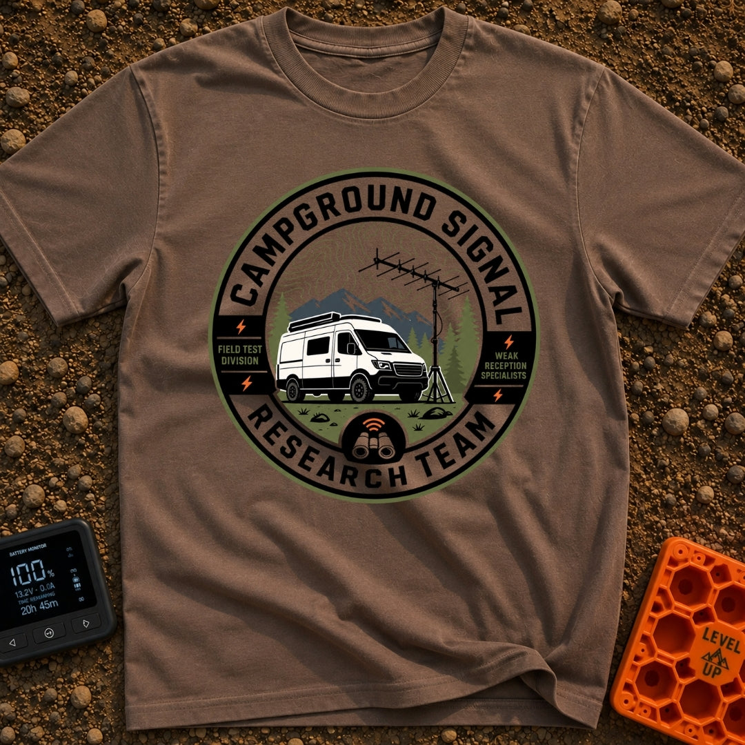 Signal Research Team - T-Shirt in Espresso - A circular badge illustration showing a white camper van parked in front of...