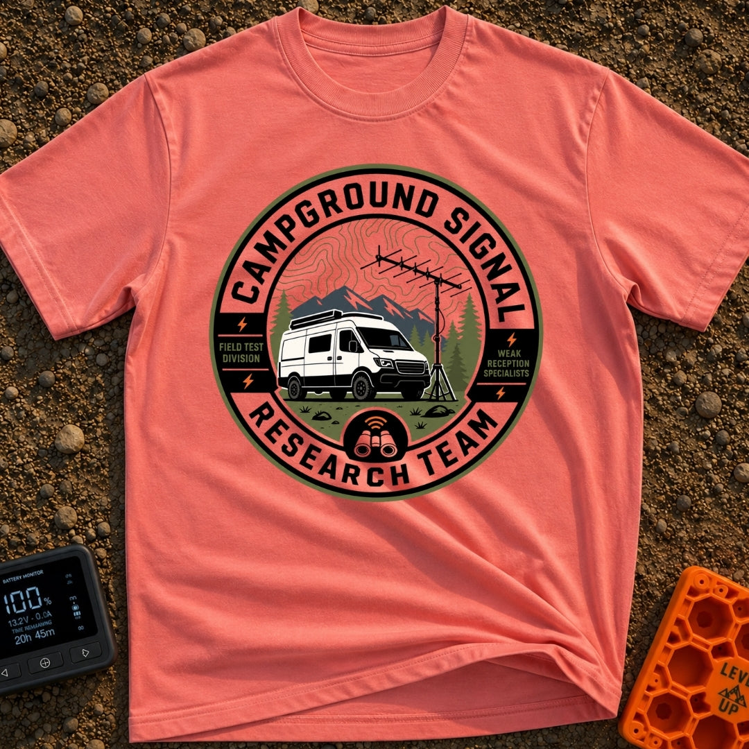Signal Research Team - T-Shirt in Watermelon - A circular badge illustration showing a white camper van parked in front...