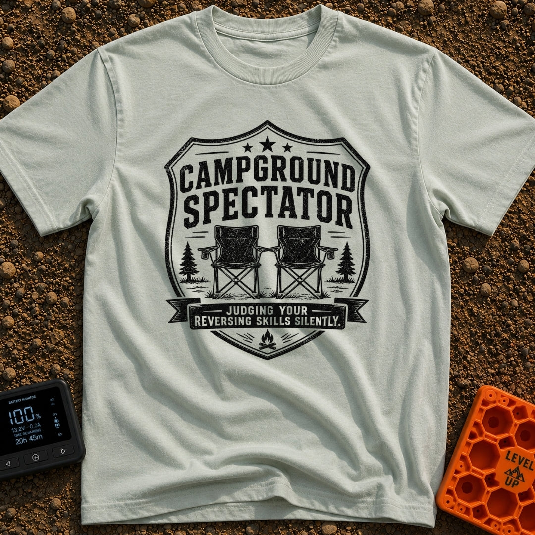 Campground Drama Critic - T-Shirt in Bay - A distressed black and white badge design featuring two empty folding camp...