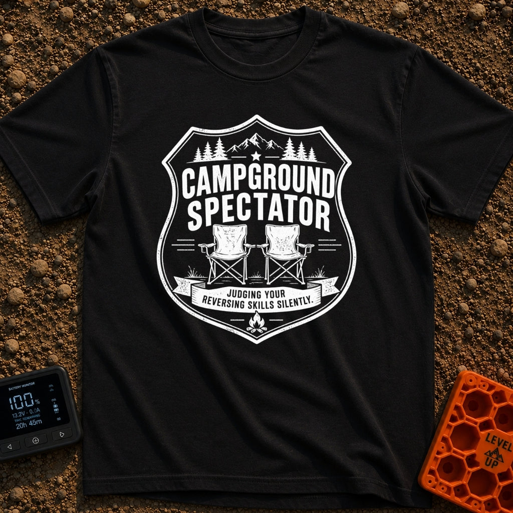 Campground Drama Critic - T-Shirt in Black - A distressed black and white badge design featuring two empty folding camp...