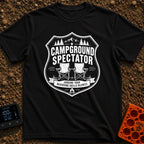 Campground Drama Critic - T-Shirt in Black - A distressed black and white badge design featuring two empty folding camp...