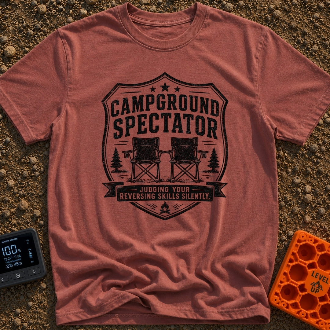 Campground Drama Critic - T-Shirt in Brick - A distressed black and white badge design featuring two empty folding camp...