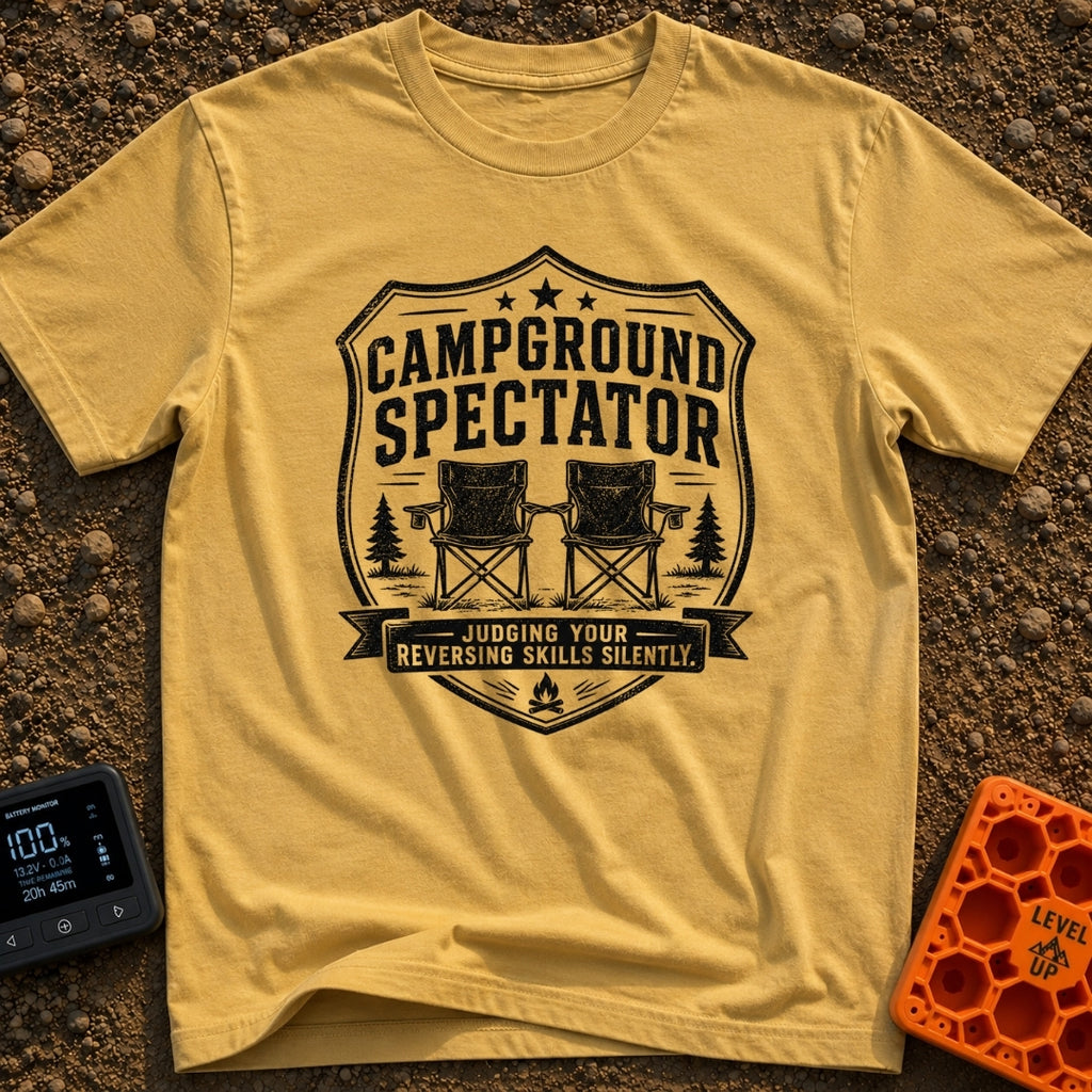 Campground Drama Critic - T-Shirt in Mustard - A distressed black and white badge design featuring two empty folding camp...