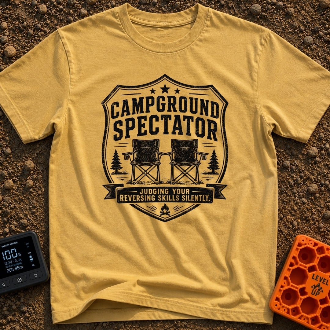 Campground Drama Critic - T-Shirt in Mustard - A distressed black and white badge design featuring two empty folding camp...