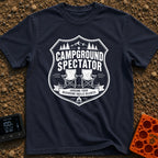 Campground Drama Critic - T-Shirt in Navy - A distressed black and white badge design featuring two empty folding camp...