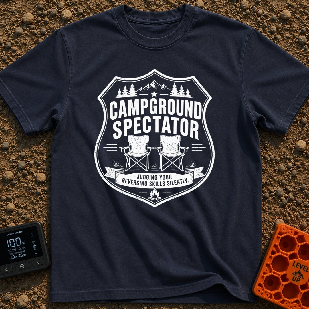Campground Drama Critic - T-Shirt in Navy - A distressed black and white badge design featuring two empty folding camp...