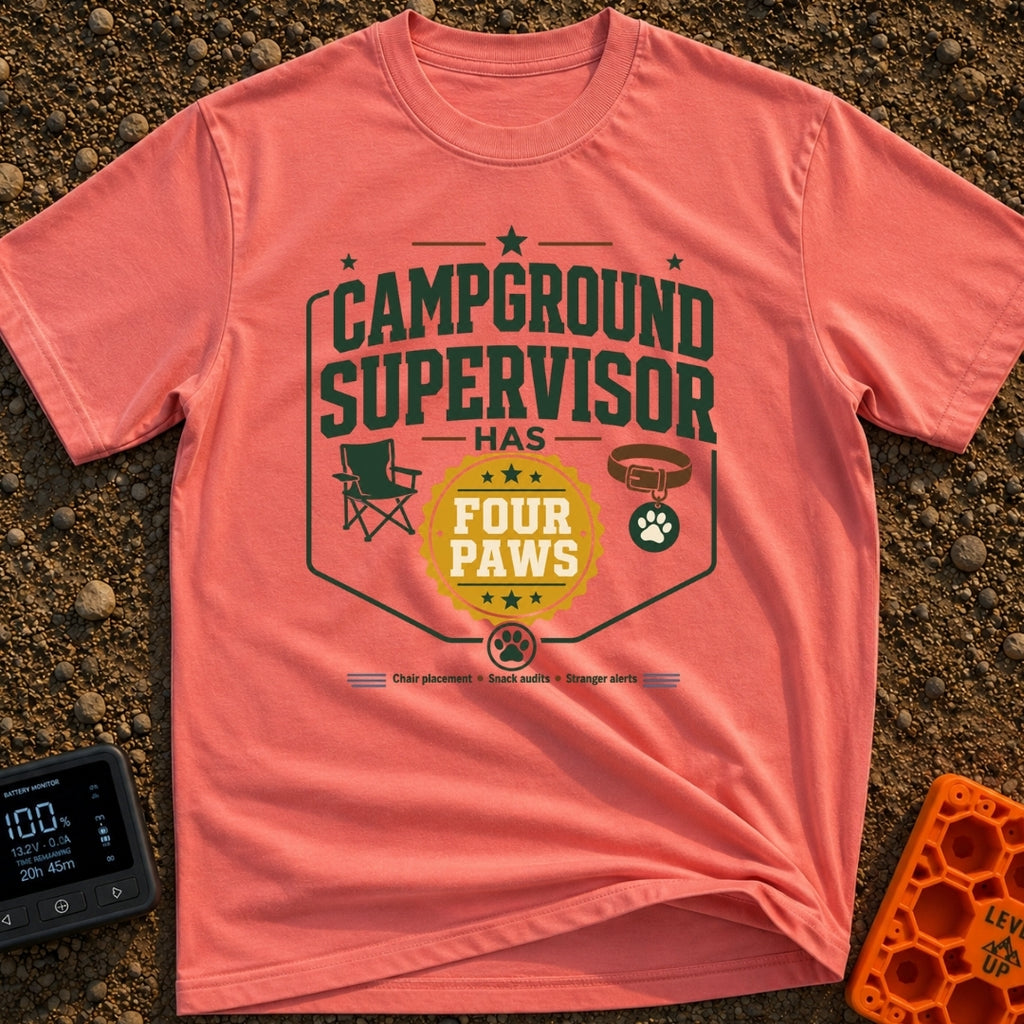 Campground Bark Ranger - T-Shirt in Watermelon - A typographic graphic design reading 'Campground Supervisor Has Four...