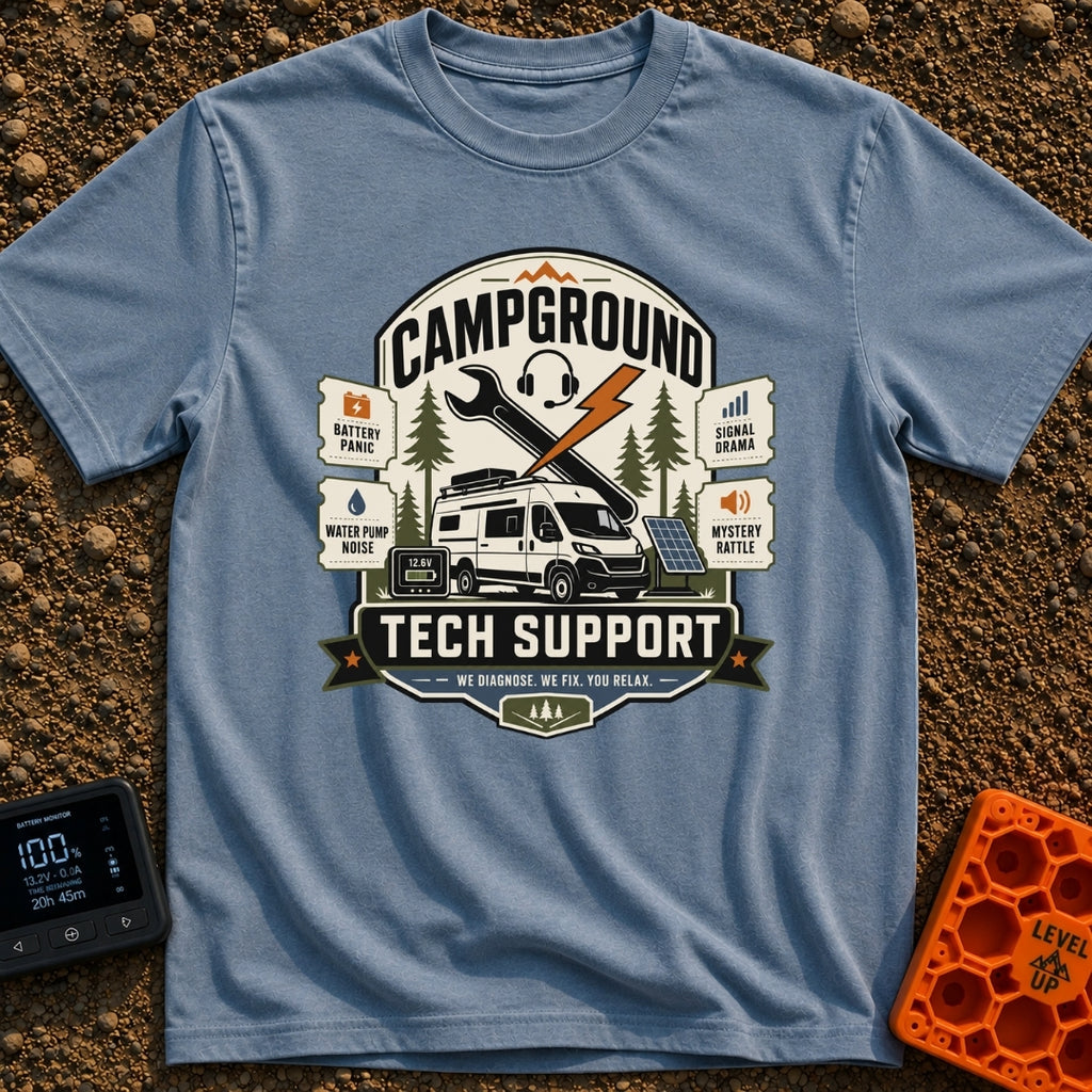 Campground Help Desk - T-Shirt in Blue Jean - A graphic badge featuring a white camper van parked among pine trees with a...