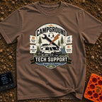 Campground Help Desk - T-Shirt in Espresso - A graphic badge featuring a white camper van parked among pine trees with a...