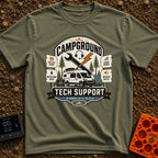 Campground Help Desk - T-Shirt in Moss - A graphic badge featuring a white camper van parked among pine trees with a...
