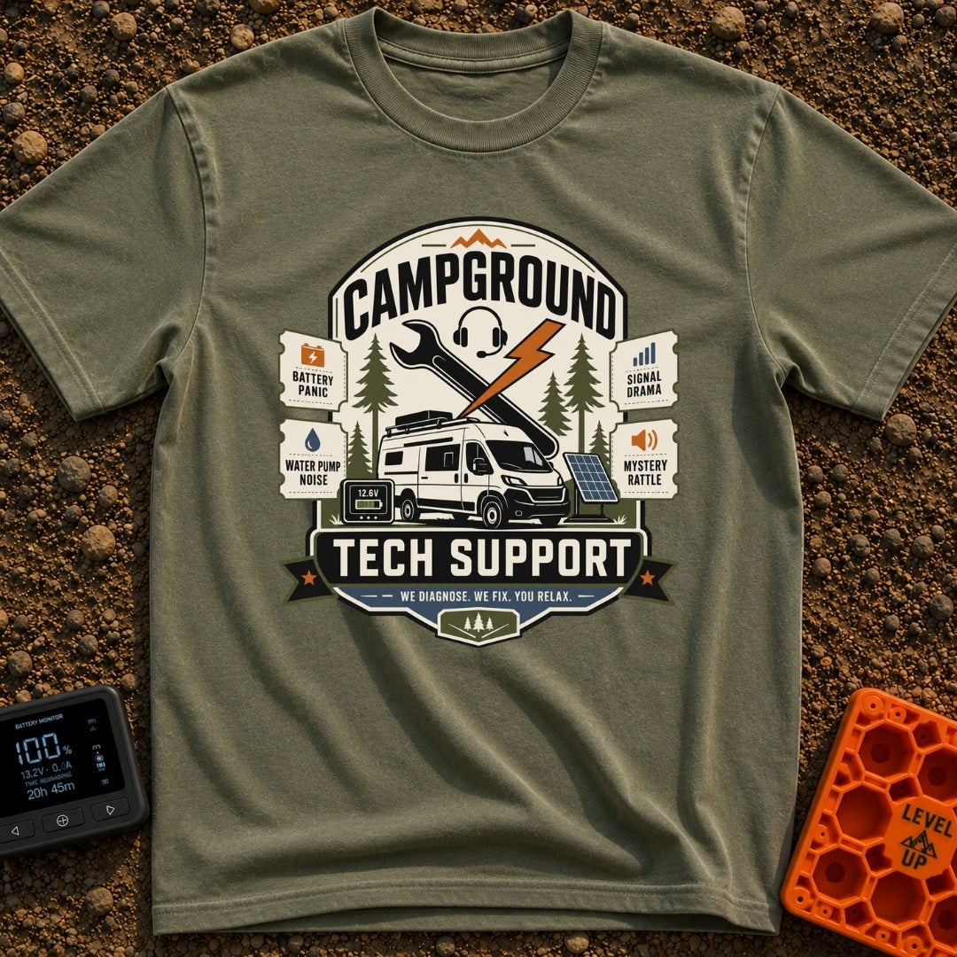 Campground Help Desk - T-Shirt in Moss - A graphic badge featuring a white camper van parked among pine trees with a...