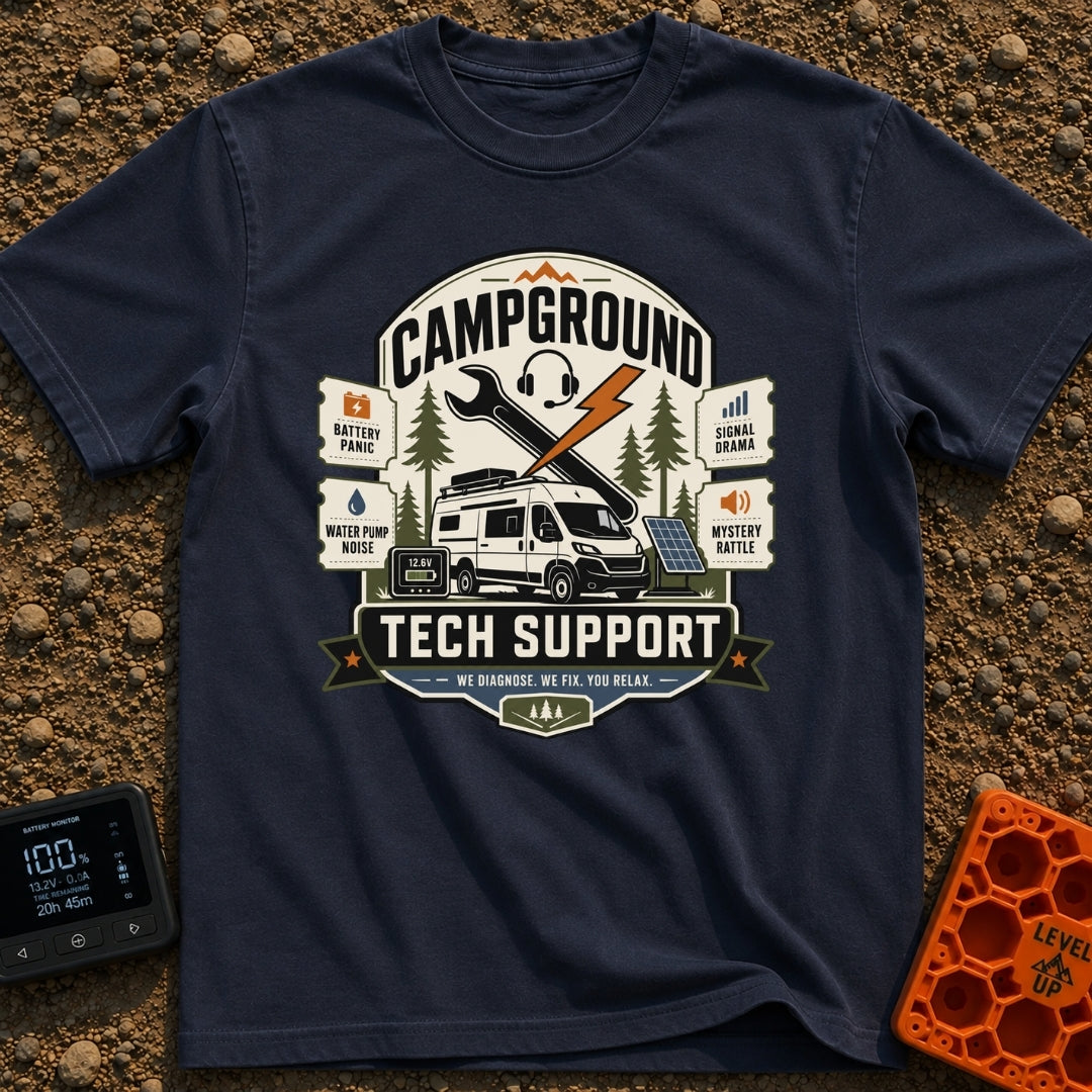 Campground Help Desk - T-Shirt in Navy - A graphic badge featuring a white camper van parked among pine trees with a...