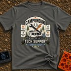 Campground Help Desk - T-Shirt in Pepper - A graphic badge featuring a white camper van parked among pine trees with a...