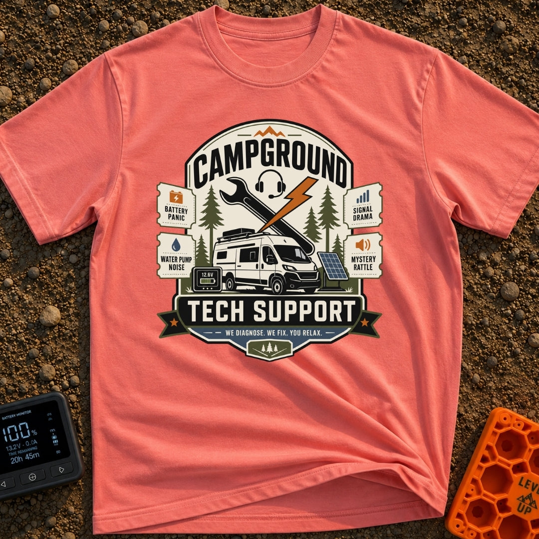 Campground Help Desk - T-Shirt in Watermelon - A graphic badge featuring a white camper van parked among pine trees with...