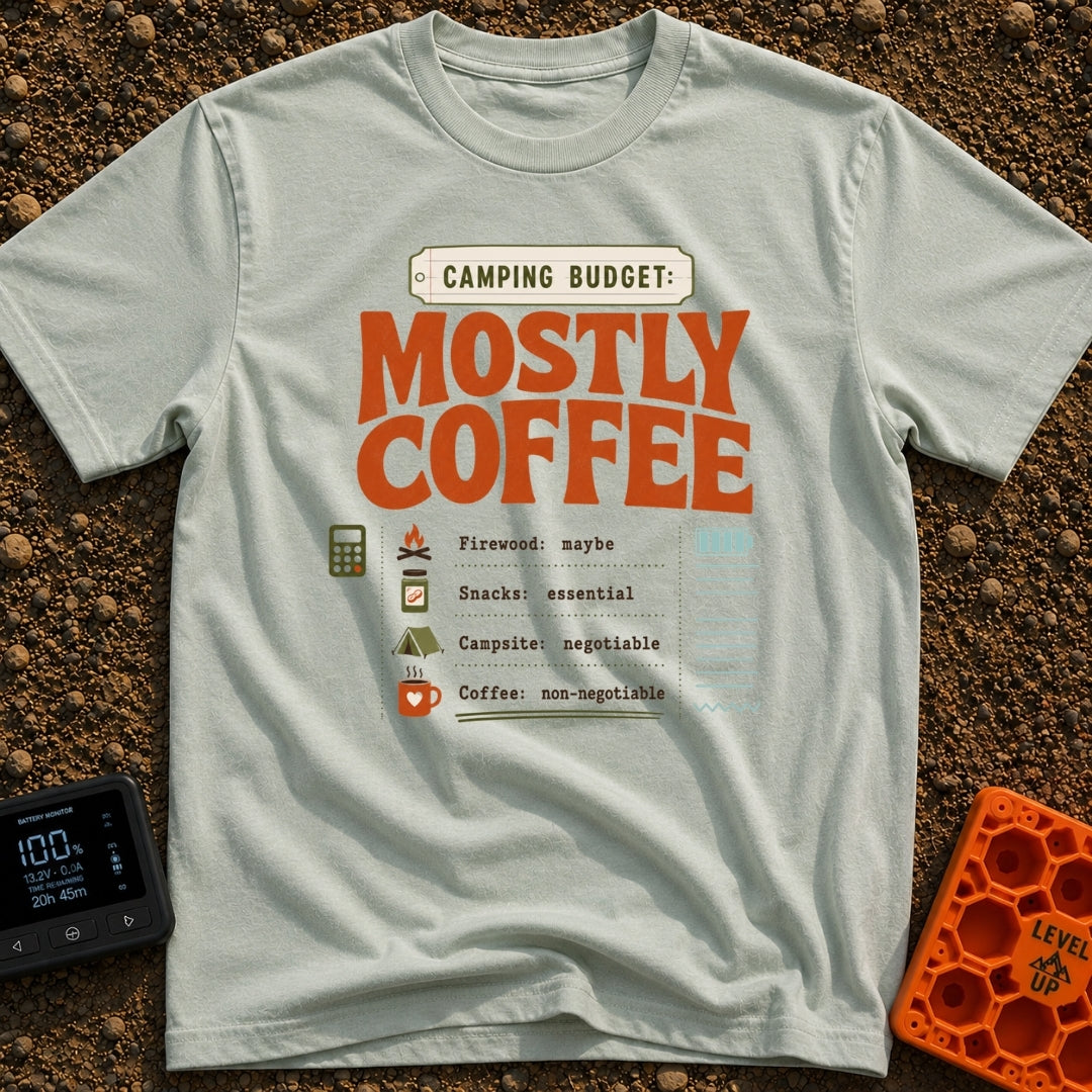 Mostly Coffee Budget - T-Shirt in Bay - A text-based design that reads 'CAMPING BUDGET: MOSTLY COFFEE' above a checklist...