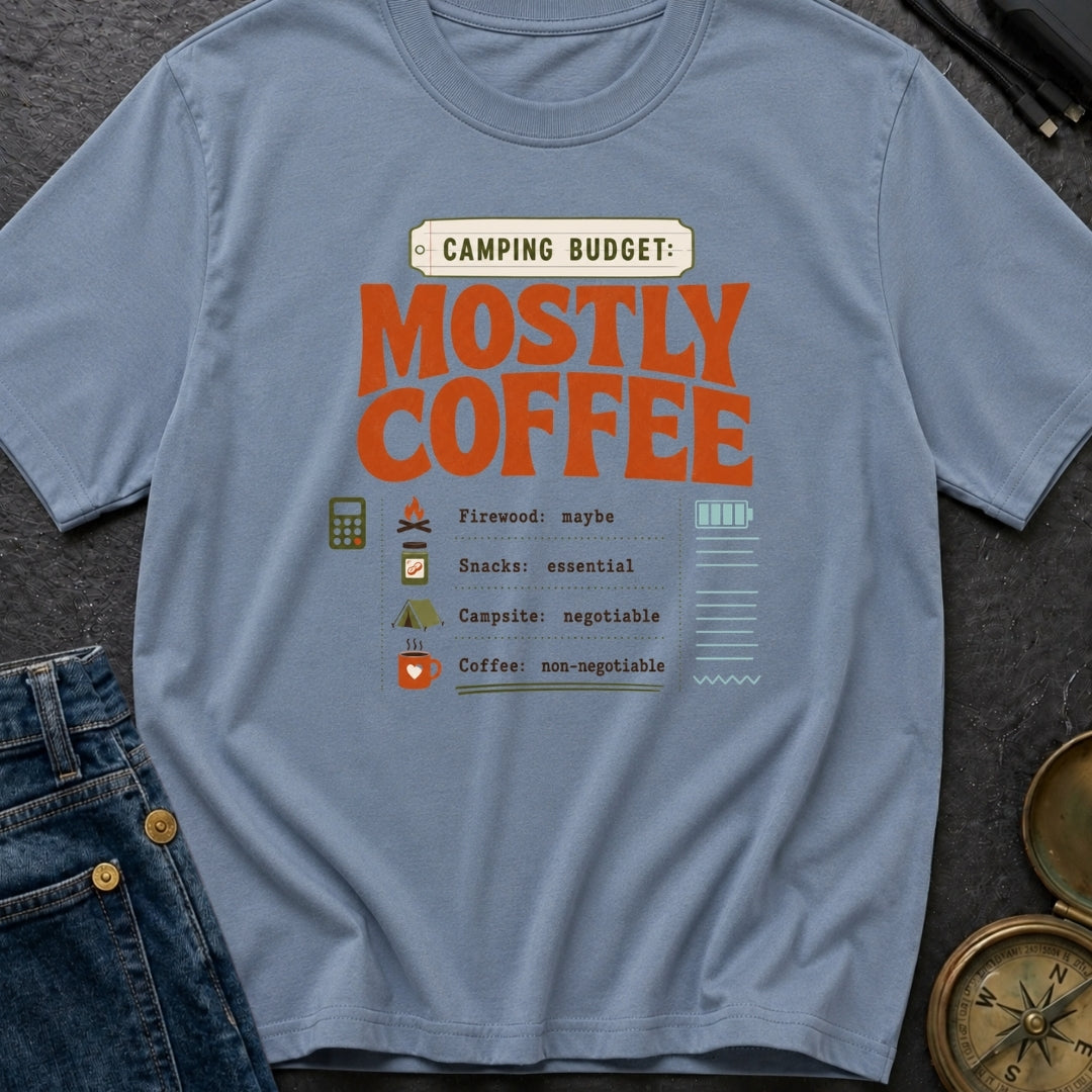 Camping Budget Mostly Coffee - T-Shirt