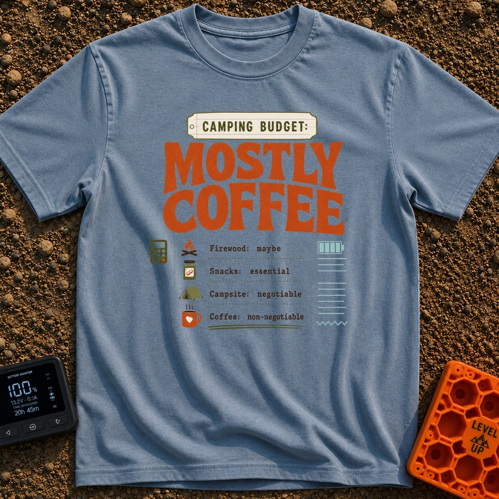 Mostly Coffee Budget - T-Shirt in Blue Jean - A text-based design that reads 'CAMPING BUDGET: MOSTLY COFFEE' above a...