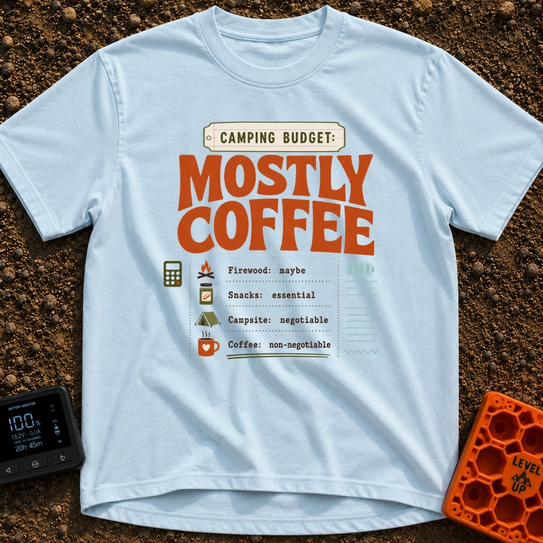 Mostly Coffee Budget - T-Shirt in Chambray - A text-based design that reads 'CAMPING BUDGET: MOSTLY COFFEE' above a...