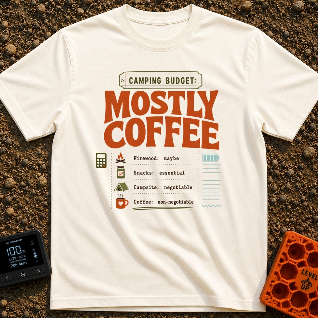 Mostly Coffee Budget - T-Shirt in Ivory - A text-based design that reads 'CAMPING BUDGET: MOSTLY COFFEE' above a...