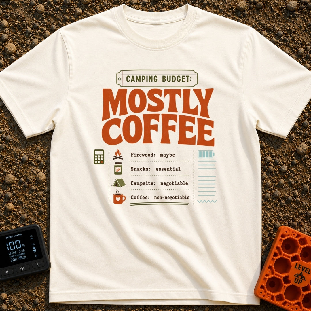Mostly Coffee Budget - T-Shirt in Ivory - A text-based design that reads 'CAMPING BUDGET: MOSTLY COFFEE' above a...