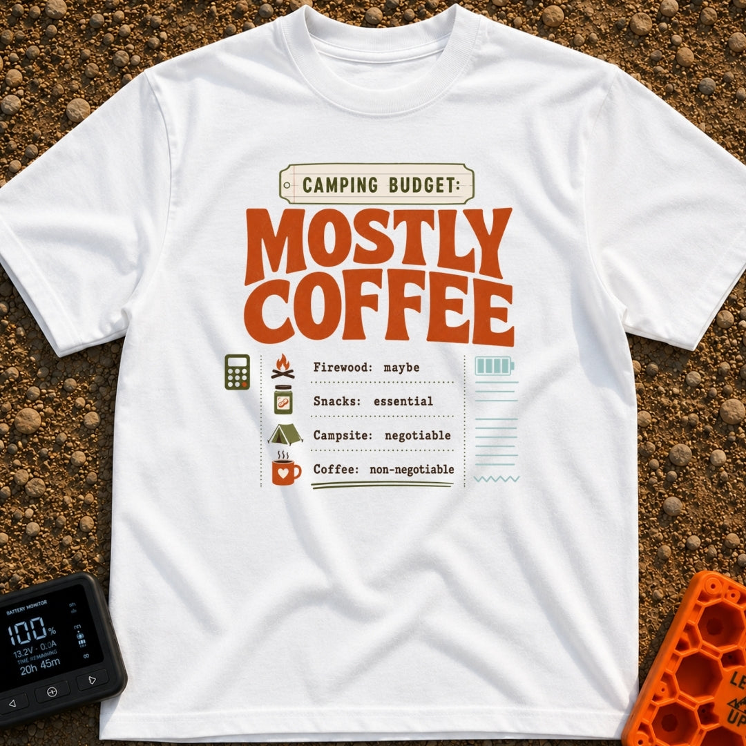 Mostly Coffee Budget - T-Shirt in White - A text-based design that reads 'CAMPING BUDGET: MOSTLY COFFEE' above a...